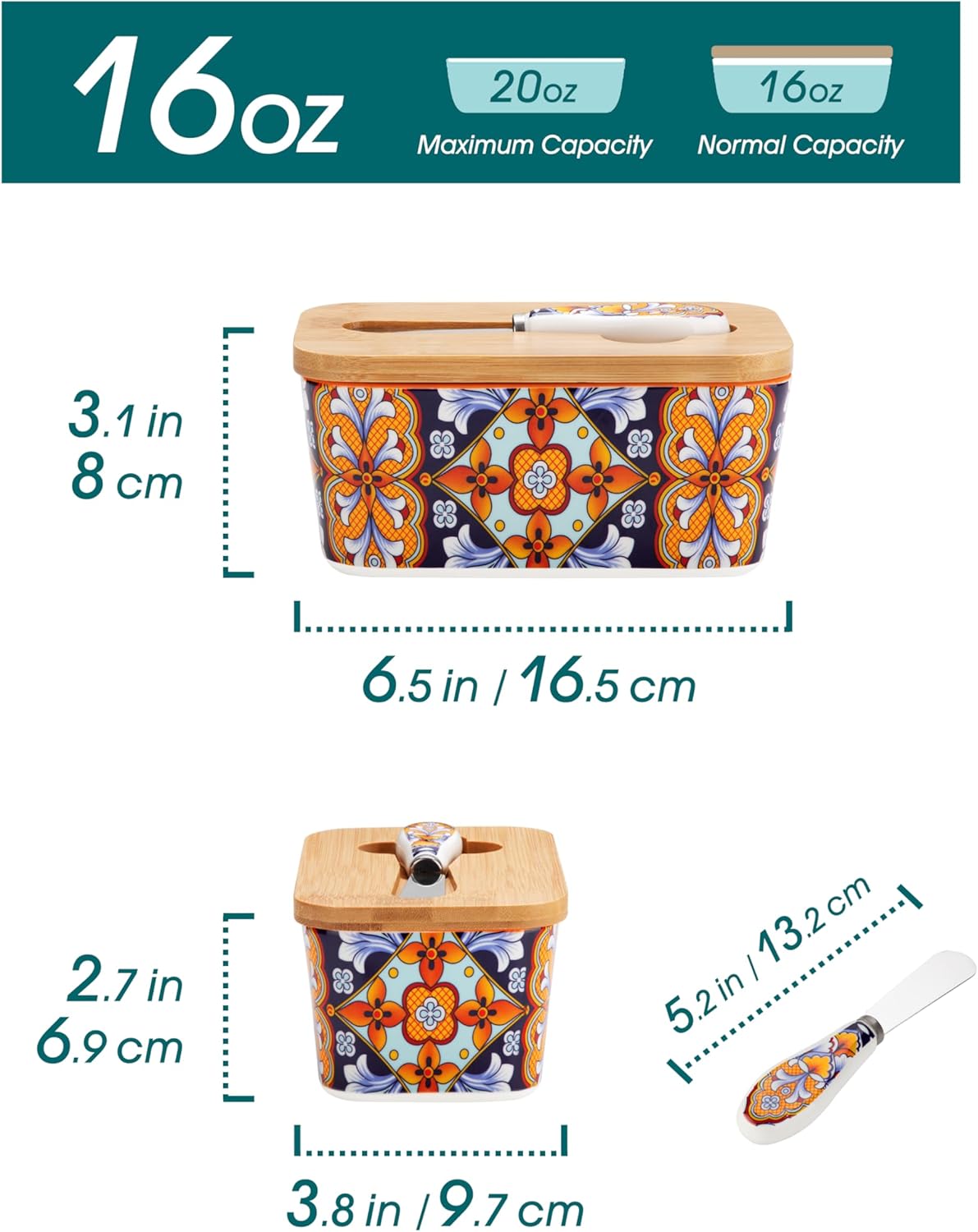 vancasso SIMI Butter Dish with Lid, 6.5" Large Butter Dish for Countertop, Bohemian Ceramic Butter Keeper Container with Knife and Bamboo Lid, Butter Holder for Counter, Amber Elegance