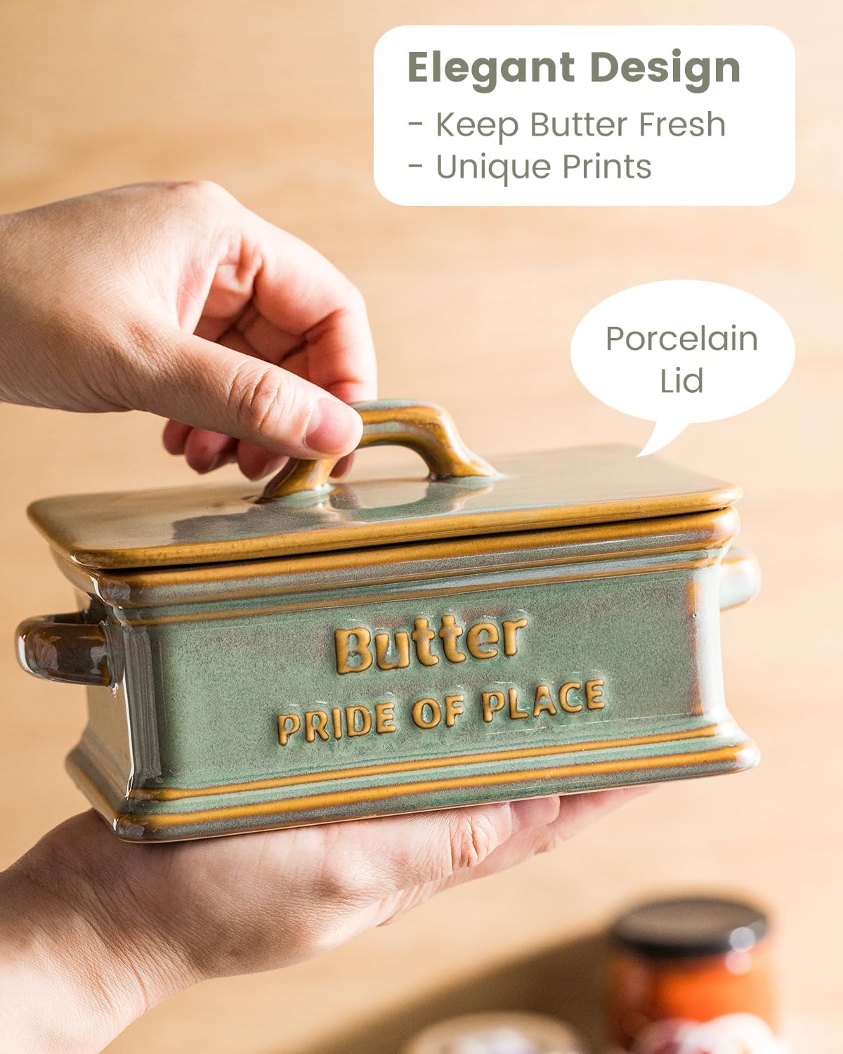 Butter Dish with Lid, Ceramic Butter Holder Container Large Butter Dish for Countertop Farmhouse Decor Butter Keeper for East West Coast Butter, Green