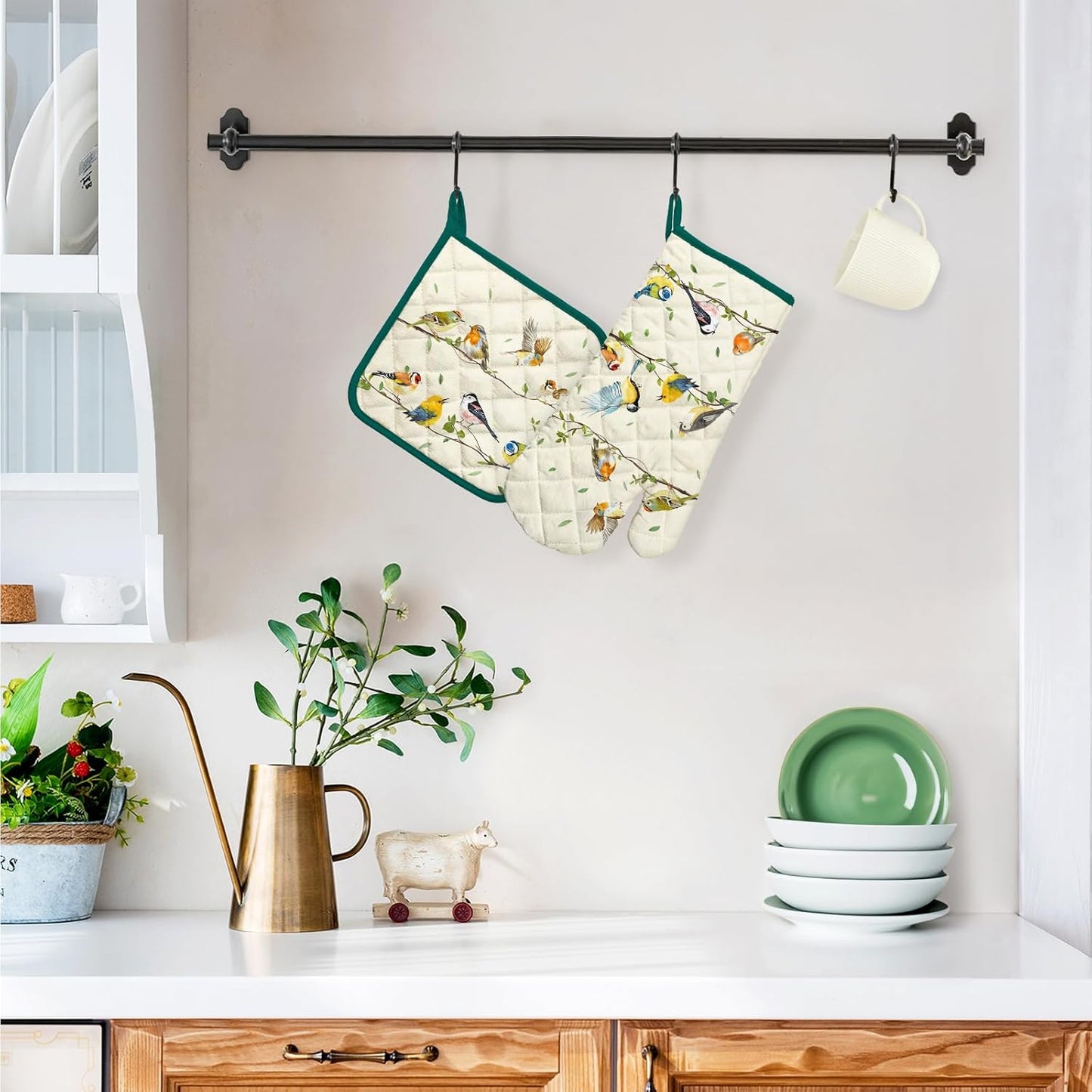 Bird Branch Oven Mitts and Pot Holders Sets 2Pcs, 100% Cotton Heat Resistant, Extra Long Oven Gloves Potholder for Kitchen Cooking Baking Decoration