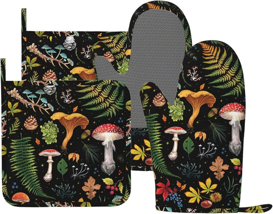 Mushroom Oven Mitts and Pot Holders Sets Silicone Mushrooms Kitchen Mitts Potholders Heat Resistant 4Pcs Oven Gloves Hot Pads for Kitchen Baking Cooking BBQ Grilling