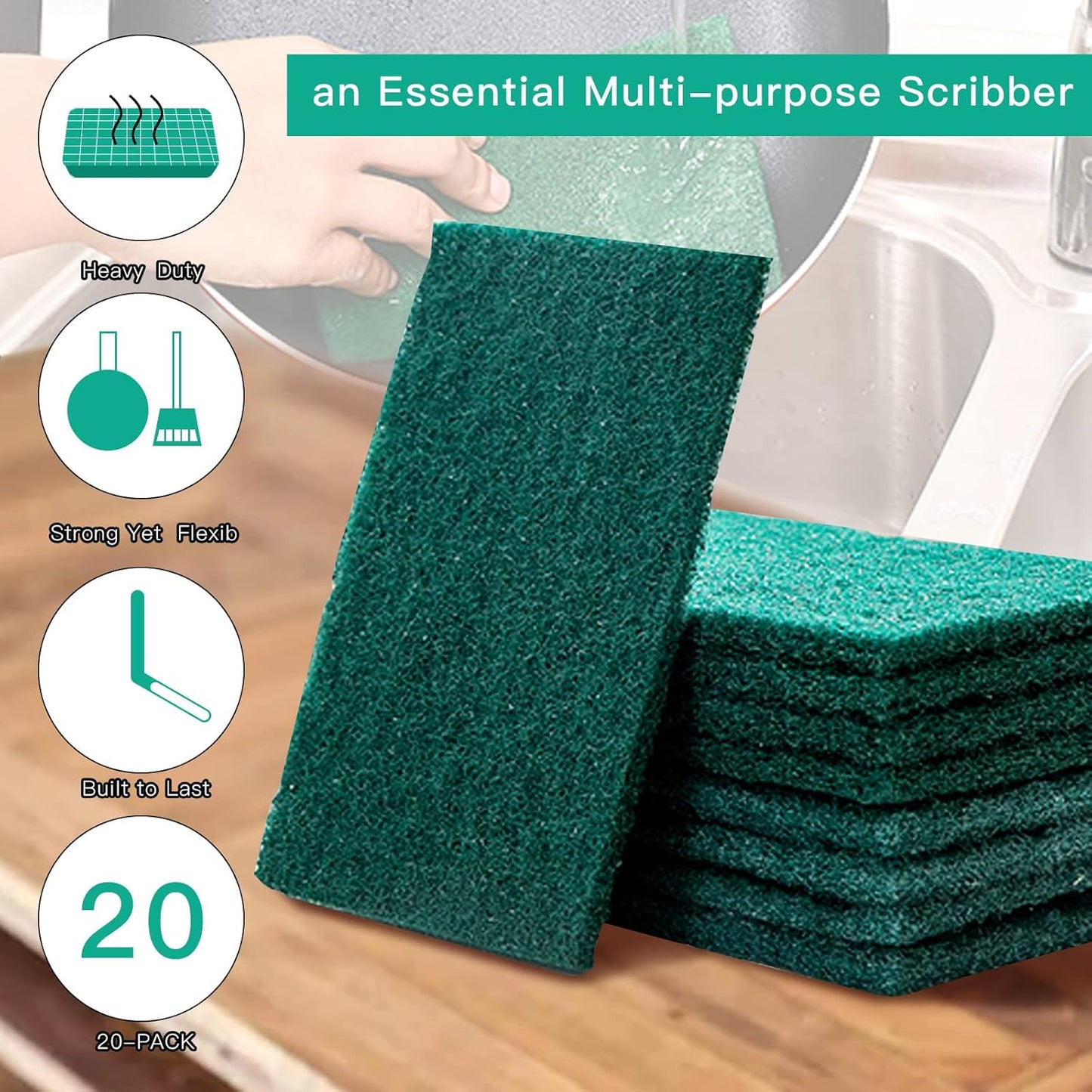 Heavy Duty Scour Pads Sponge Dish Scrubber Non-Scratch Green Reusable Household Scrub Pads for Kitchen and Dish Cleaning Tool (20Pcs Sponge+3Pcs Clean Towel)