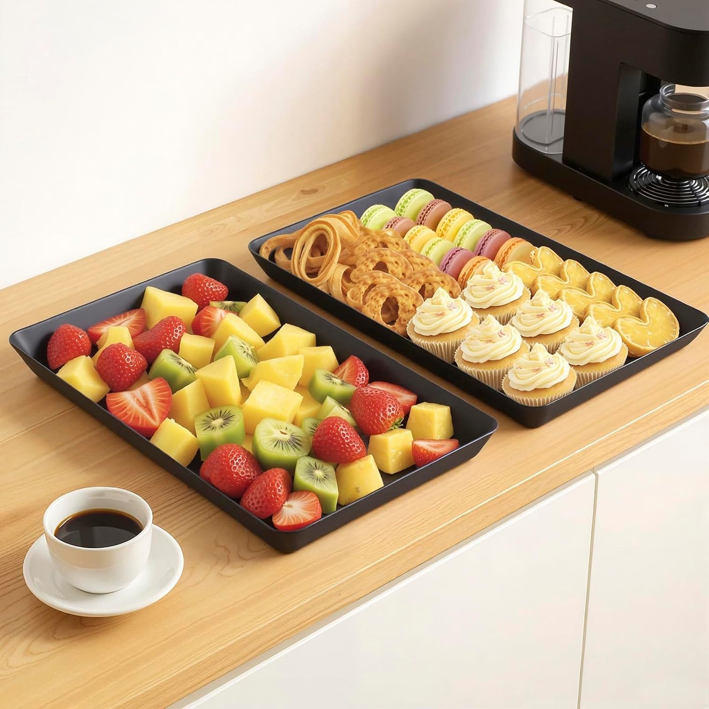 WOWBOX 4 pcs Serving Tray for Entertaining, Serving Platters for Snacks, Fruit, Cookies, Dessert, Reusable Plastic Trays for Serving Food and Pantry Organization in Kitchen & for Parties, (Black)