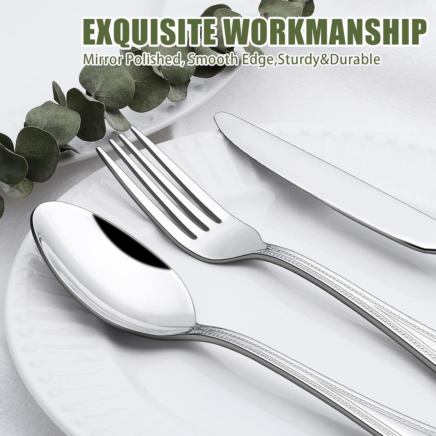 60-Piece Silverware Set for 12, Stainless Steel Flatware, Mirror Polished Cutlery Set, Utensils Include Spoons, Forks, Knives for Home, Restaurant, Beaded Handle, Dishwasher Safe