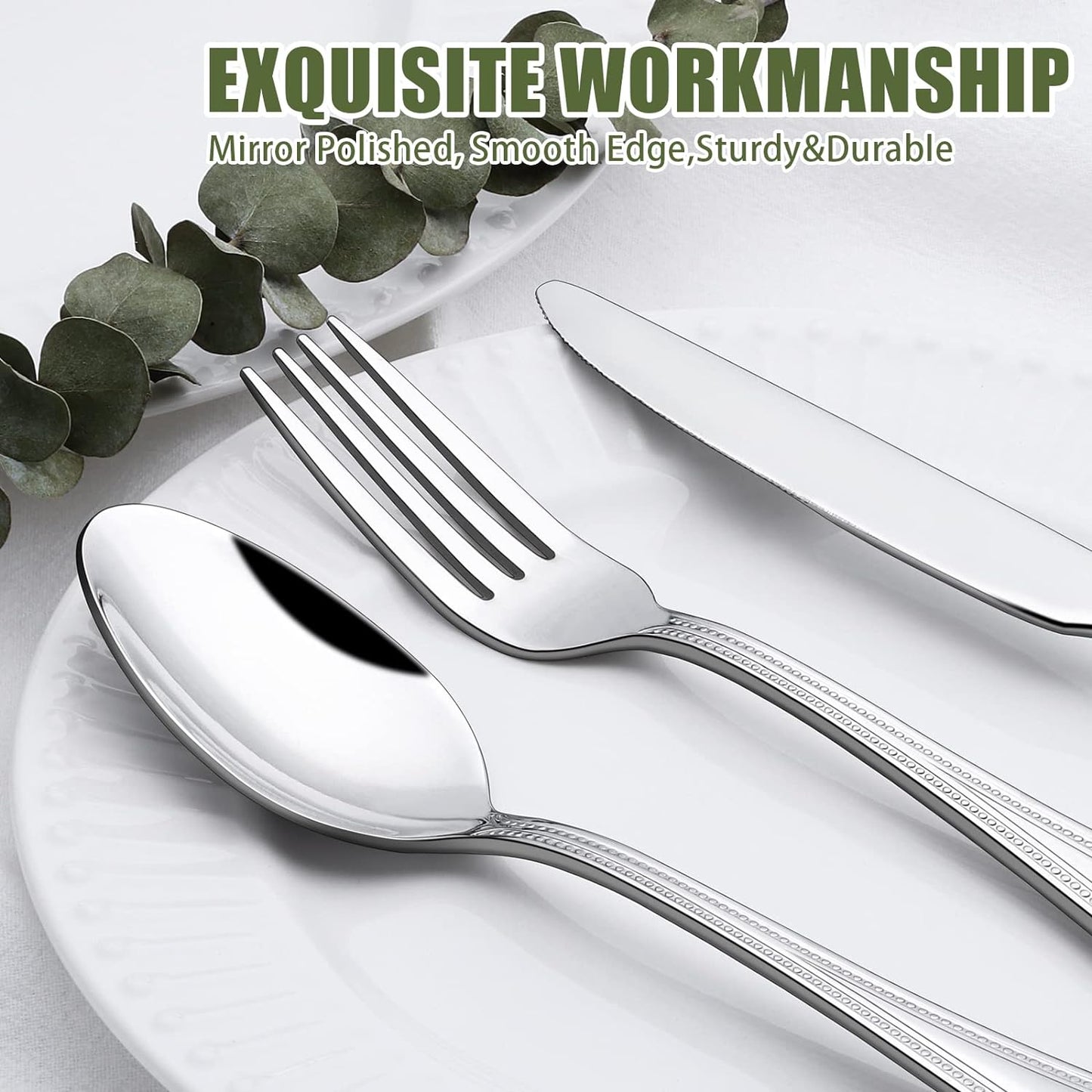 40 Piece Silverware Set for 8, Terlulu Stainless Steel Flatware Set, Mirror Polished Cutlery Set Utensil Set, Tableware Include Forks Spoons Knives for Home Restaurant, Beaded Handle, Dishwasher Safe