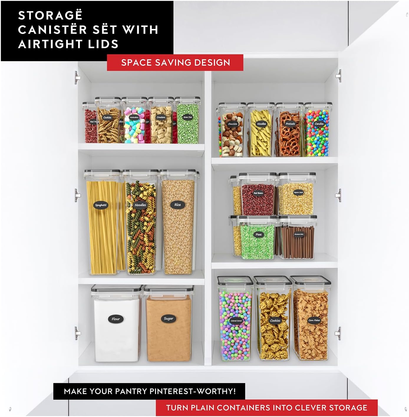 Extra Large Flour and Sugar Storage Containers 6.5L/220 Fl. oz; Set of 2 Plastic Bulk Airtight Food Storage Rice Containers With Lids - Kitchen Pantry Organizer and Storage Canisters, Marker & Labels