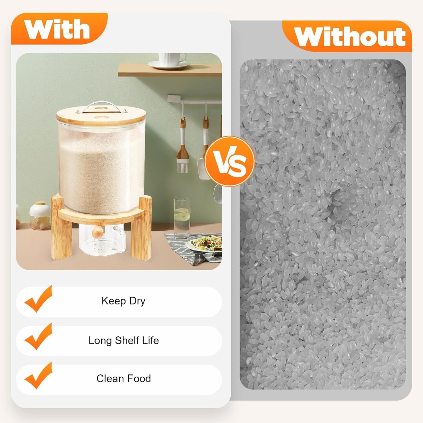 Flour and Cereal Container, Rice Dispenser, Creative Glass Food Storge Container for Kitchen Organization and Pantry Store, Airtight Lid and Wooden Stand (7.5L)