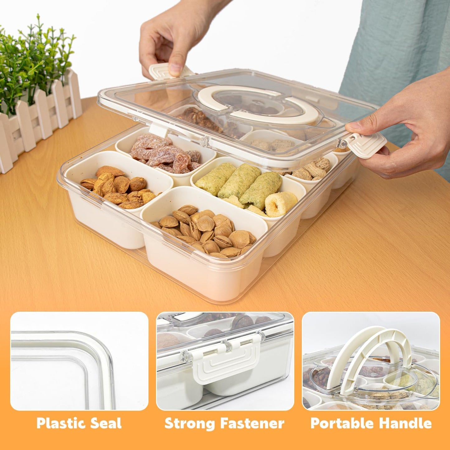 Divided Serving Tray with Lid and Handle,8 Compartments Snacks Box,Snack Fruit Tray,Veggie Tray,Portable Platter for Candy Fruits Nuts Snack Party Entertaining Picnic(2 PCS)