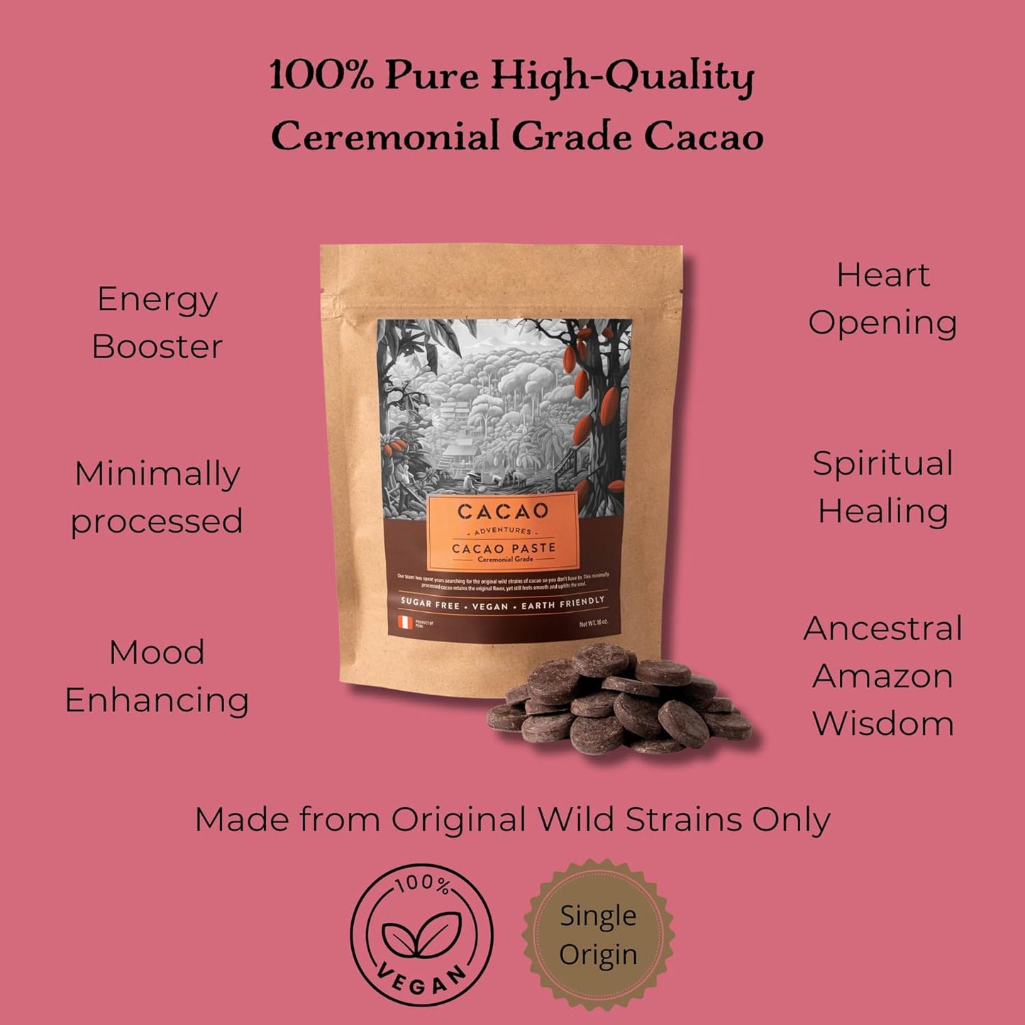 Cacao Adventures Ceremonial Grade Cacao | 100% Pure Cacao | Dairy & Vegan Free | Unsweetened | Vegan Peruvian Cacao