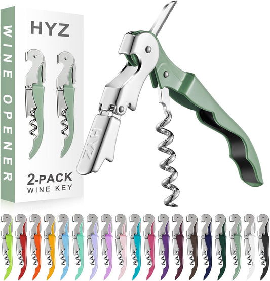 HYZ 2-Pack Wine Opener Waiter Corkscrew, Professional Wine Key for Servers, Bartender with Foil Cutter, Manual Wine Bottle Opener Double Hinged (Army Green)