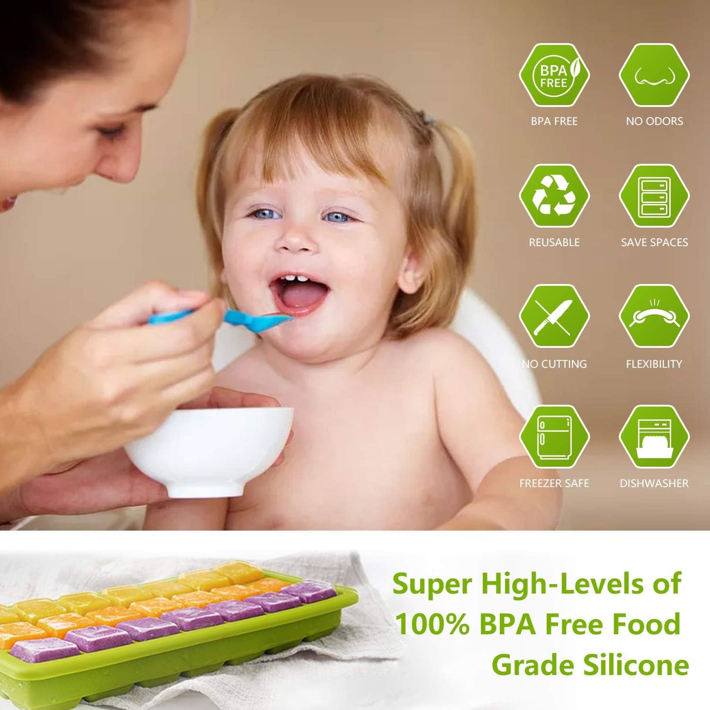 Ice Cube Trays 2 Pack, CREATESTAR Easy-Release Silicone & Flexible 21-Ice Trays with Removable Lid Food Grade Ice Tray for Whiskey, Cocktail, Spirits Drinks, Ice Cube Molds BPA Free (Green, 2Pack)