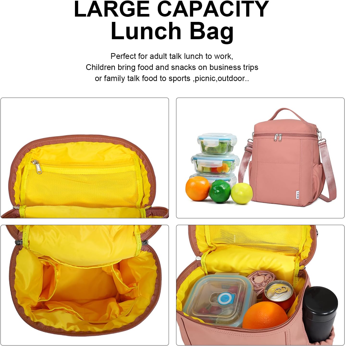 NOL Natural Organic Lifestyle Insulated Lunch Bags for Women Cooler Bag Lightweight Nylon Waterproof Lunch Box For Work (Dark Pink, Large)