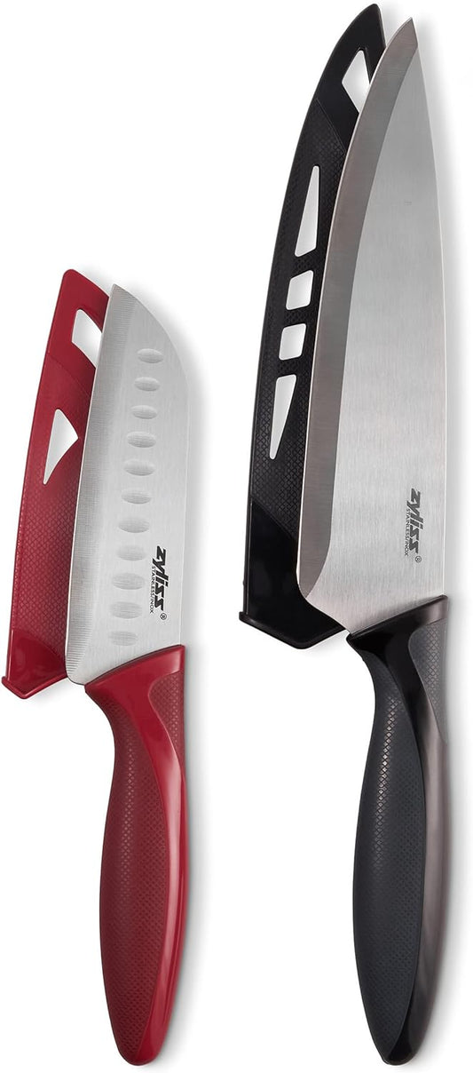 Zyliss Utility Kitchen Knives with Sheath Covers - Dishwasher Safe - Stainless Steel Kitchen Knives Perfect for Cutting Meat, Vegetables & Fruit - 2 Piece Santoku & Chef Set