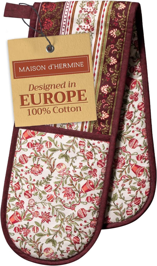 Maison d' Hermine Double Oven Mitts 100% Cotton 7"x35" Double Oven Mitt Heat Resistant BBQ Cooking Gloves with Loop, Baking, Grilling, Home, Kitchen, Handling Hot Pans (Reveillon Au Jardin)