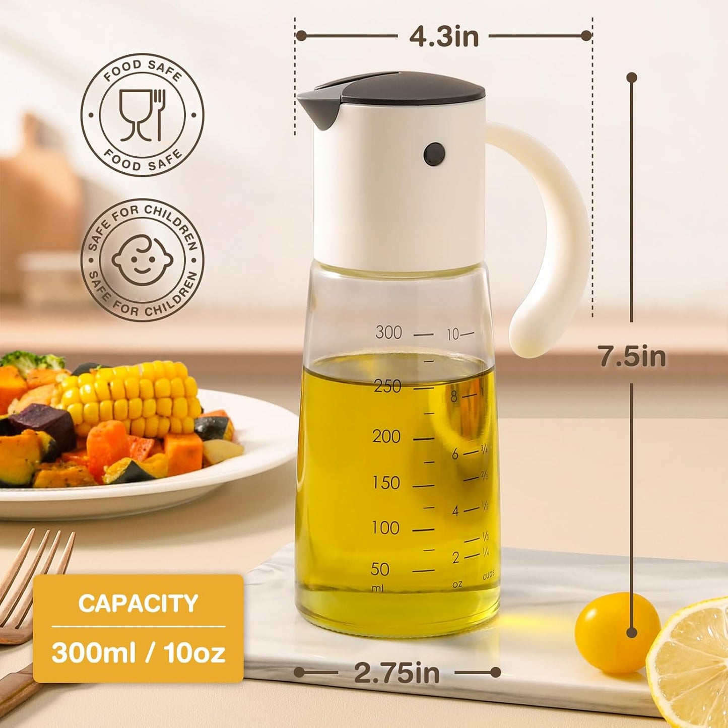 Vucchini Olive Oil Dispenser Bottle Auto Flip Vinegar Dispenser for Kitchen with No-Drip Bottle Spout Pourer(10 oz,White color)