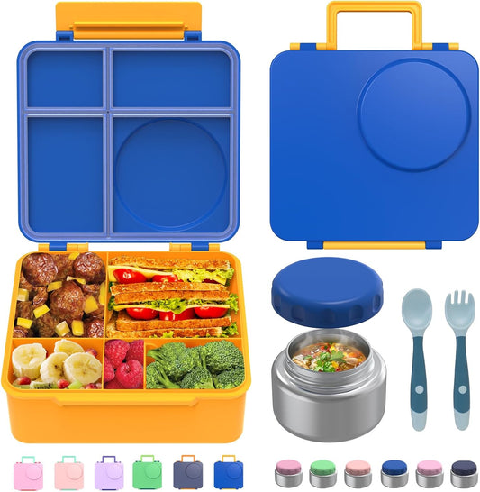 Bento Box for Kids - Leak-Proof Lunch Box with Insulated Thermos Food Jar - 4 Compartments, 1 Removable Divider, 1Spoon, 1 Fork - Dishwasher Safe, BPA-Free (Blue)