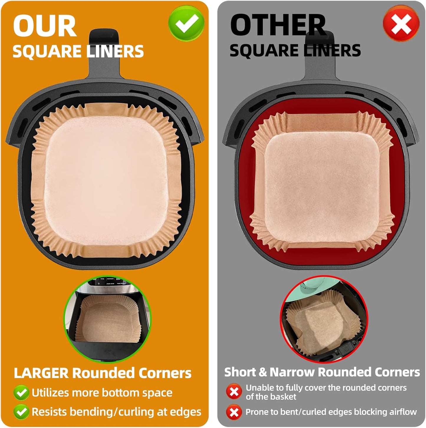 Air Fryer Paper Liners for 3-6 Qt, 7.1 x 7.1 inch Thickened Square Disposable Parchment Liner compatible with Ninja AF141/Chefman/Instant Pot/Cosori Airfryers