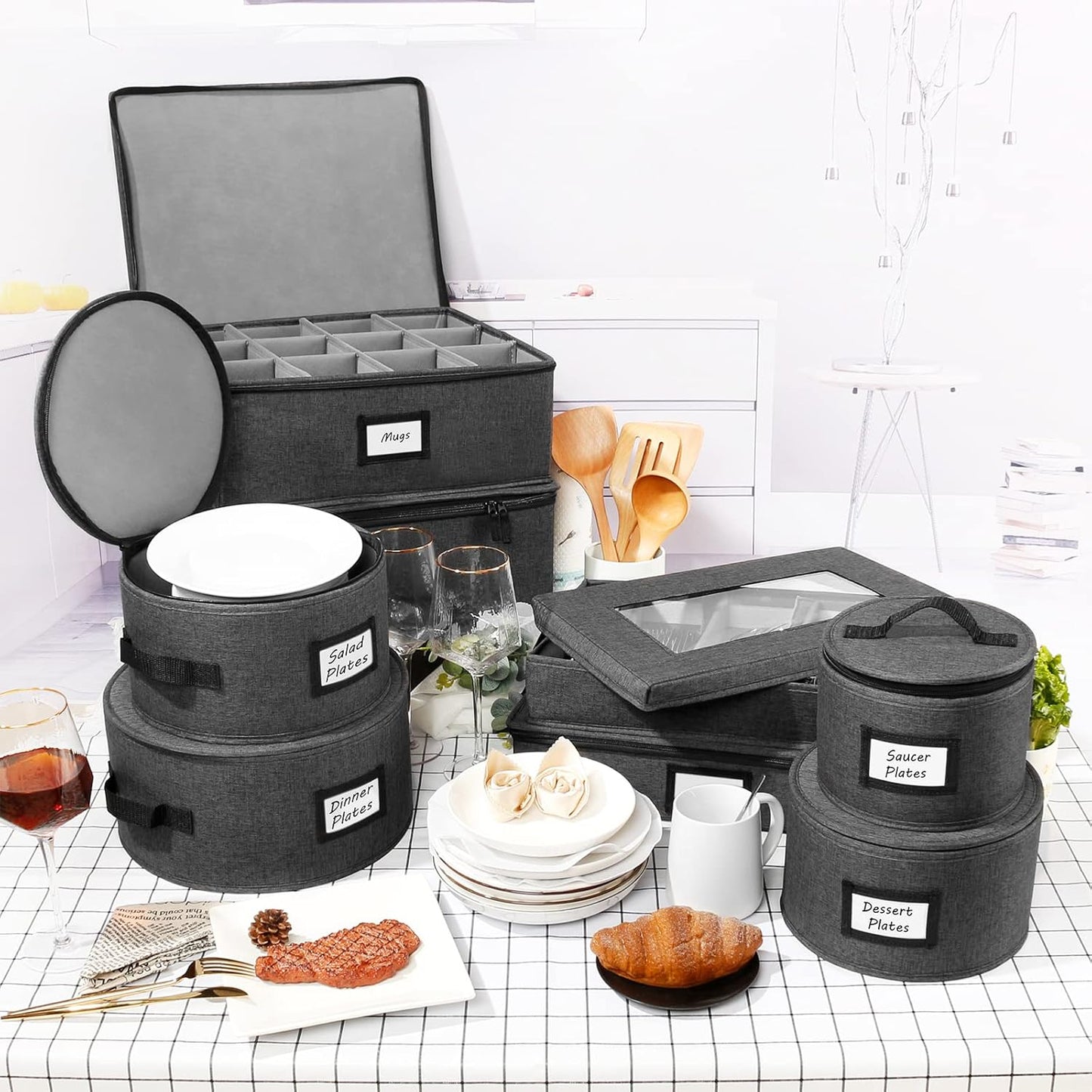 HOMELUX THEORY Wine Glass Storage Box with Dividers, Hard Shell China Storage Containers, Heavy Duty Glassware Storage Box & Stemware Storage Container with Lid, Thick Surface, and Sturdy Handle