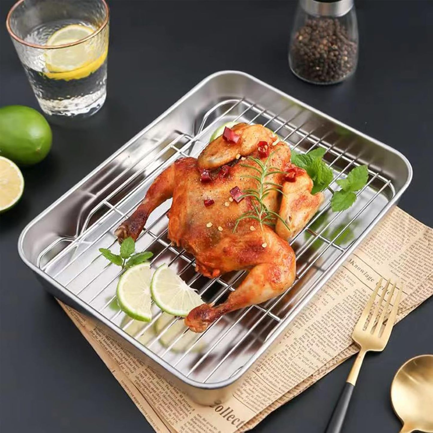 Stainless Steel Roasting Pan, Broiler Pan with Grill Rack Set, Rectangular Roaster Idea for Cooking and Baking (10.4×8.1×2inch)