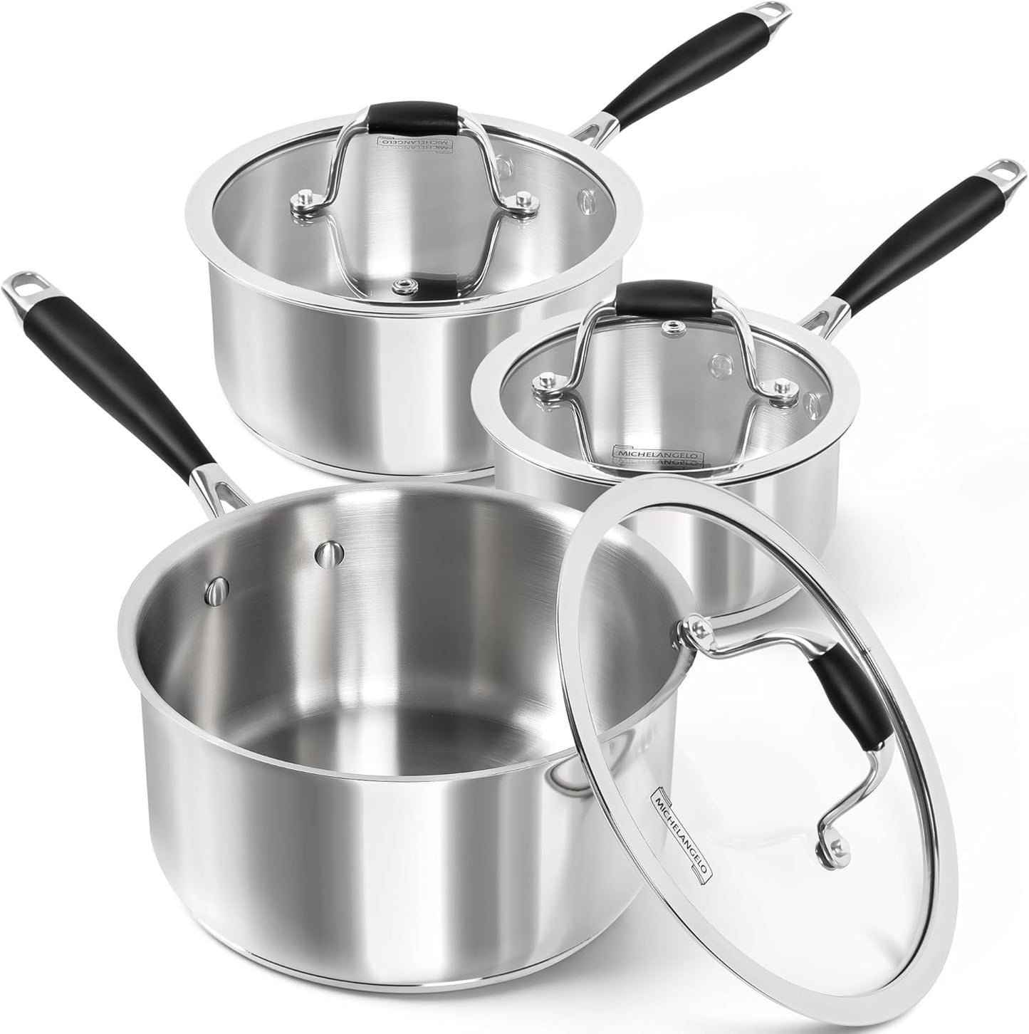 MICHELANGELO Triply Stainless Steel Saucepan with Lid 6 Pcs, Stainless Steel Sauce Pan with Bakelite Handle, Multipurpose Saucepans Set for Kitchen Cooking, Induction Compatible - 1QT & 2QT & 3QT