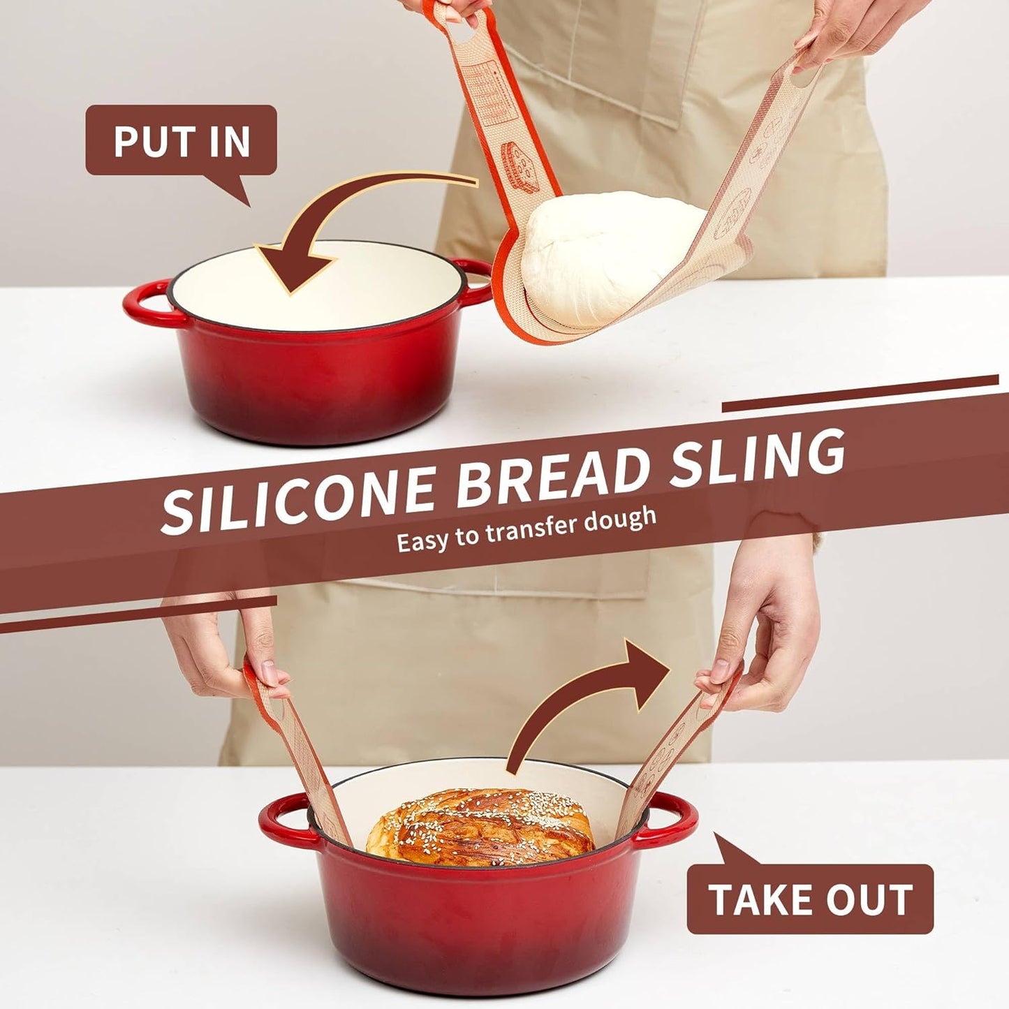 Silicone Sourdough Bread Sling Mat - 2Set Oval Round Dough Baking Slings for Dutch Oven, NonStick High Degree Kitchen Sour Cookie Making Loaf Pan Lifter Liner, Reusable Transfer Mats With Long Handles