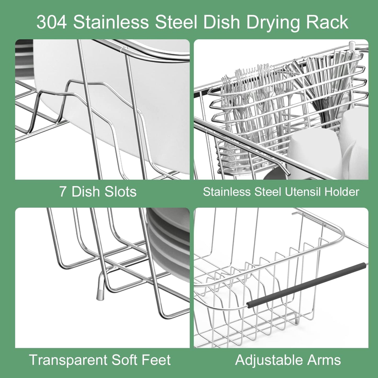 JAQ Small Dish Drying Rack in Sink Adjustable 14.25" to 20.55", Expandable 304 Stainless Steel Metal Dish Drainer Rack Organizer with Stainless Steel Utensil Holder Over Sink Counter (for 1-2 People)