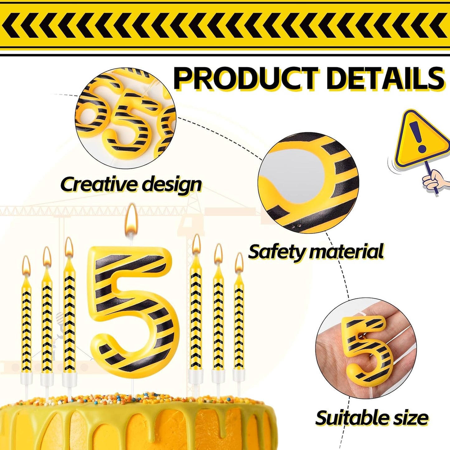 13 Pcs Construction Themed Birthday Candles Set Yellow and Black Number 5 Candle Cake Topper for Construction Party Decoration Supplies (Number 5)