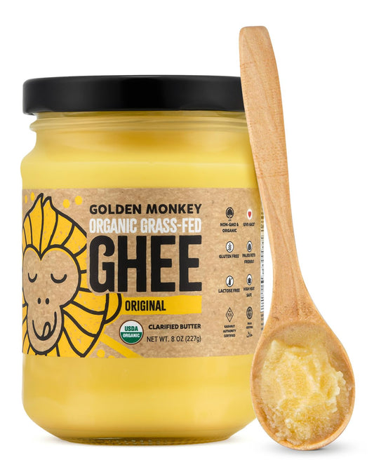 GOLDEN MONKEY Organic Ghee Butter – Grass Fed Clarified Butter for Cooking, Baking, Keto & Gut Health – Ghee Butter Organic Grass Fed from Small Farms – Smooth Spread with High Smoke Point (8oz)