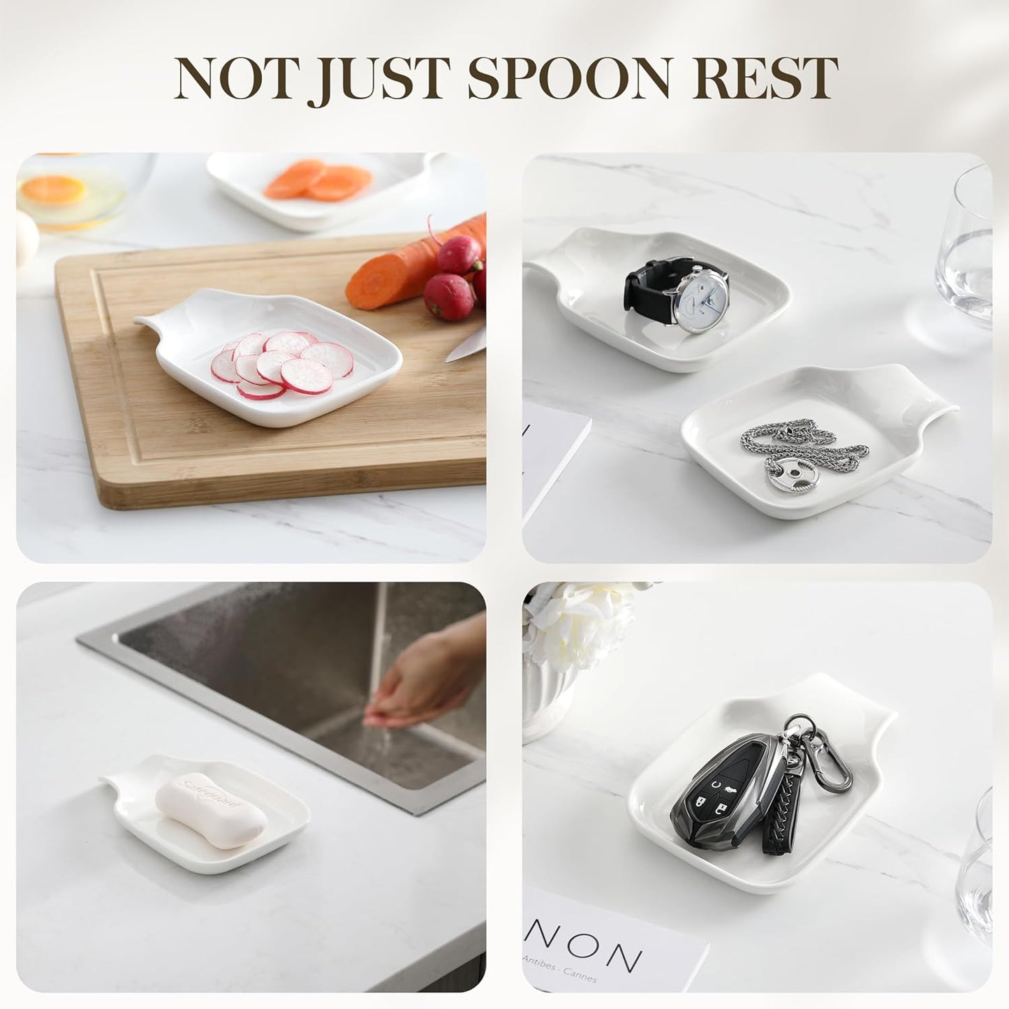 MALACASA Spoon Rest, Large Spoon Rests for Stove Top, Porcelain Spoon Holder for Kitchen Counter, Utensils Rests, Cooking Spoon Holders for Spatula Ladle Tongs, Ivory White, Series REGULAR