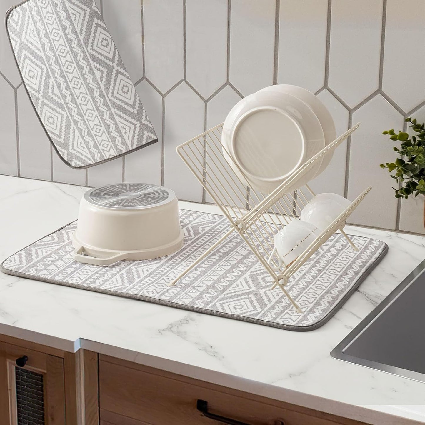 FRESHMINT Printed Dish Drying Mats for Kitchen Counter 2 Pack Absorbent Reversible Drying Mats Microfiber Kitchen Countertop Protector Dishes Drying Pad Extra Large 18"x24" Dish Mat