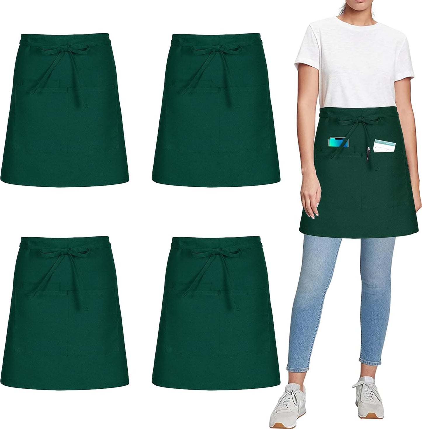 4 Pack Short Server Waitress Chef Apron, Green Waist Aprons with 3 Pockets for Women Men, Half Apron for Waiter Cooking Dishwashing Cleaning Painting Gardening Barbecue (Polycotton - Green)