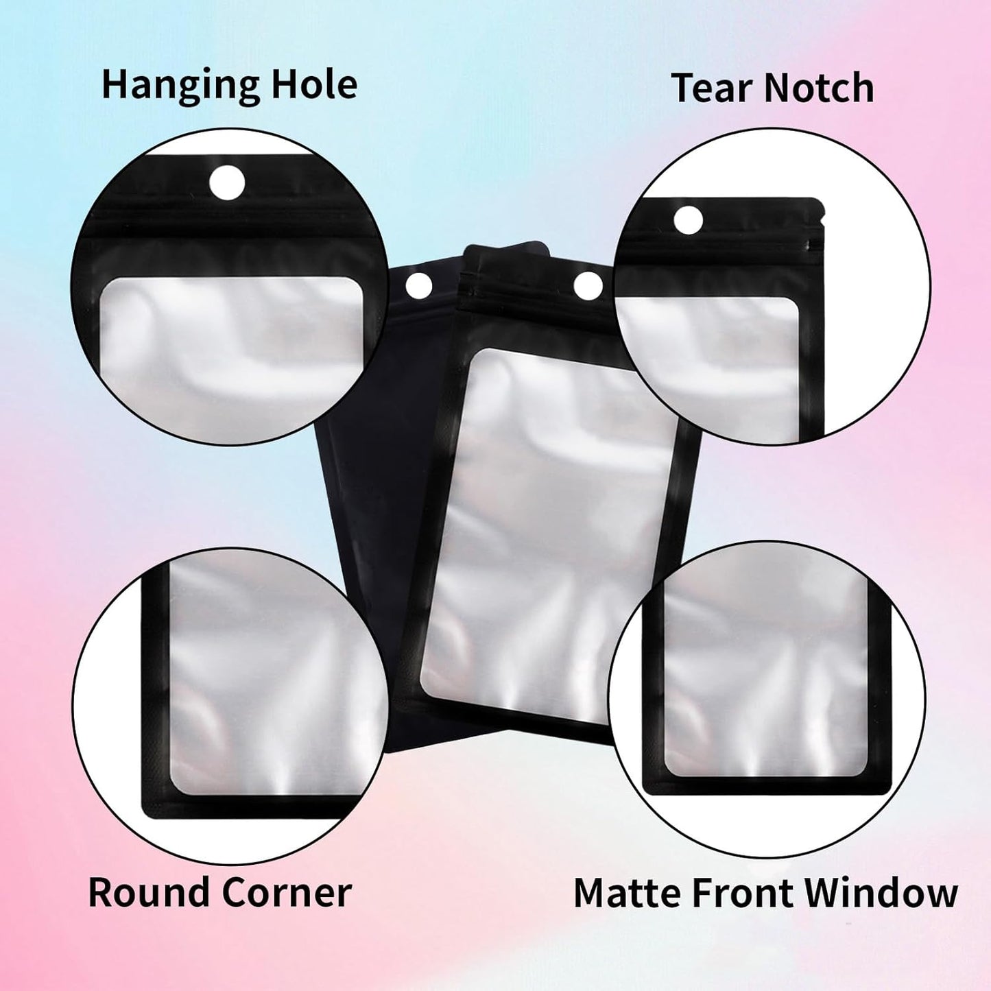 200 Pack Resealable Mylar Holographic Bags Food Storage Smell Proof Bags with Front Window Foil Packaging Pouch for Candy Sample Jewelry Small Business 3.54×6.29 Inch, Black