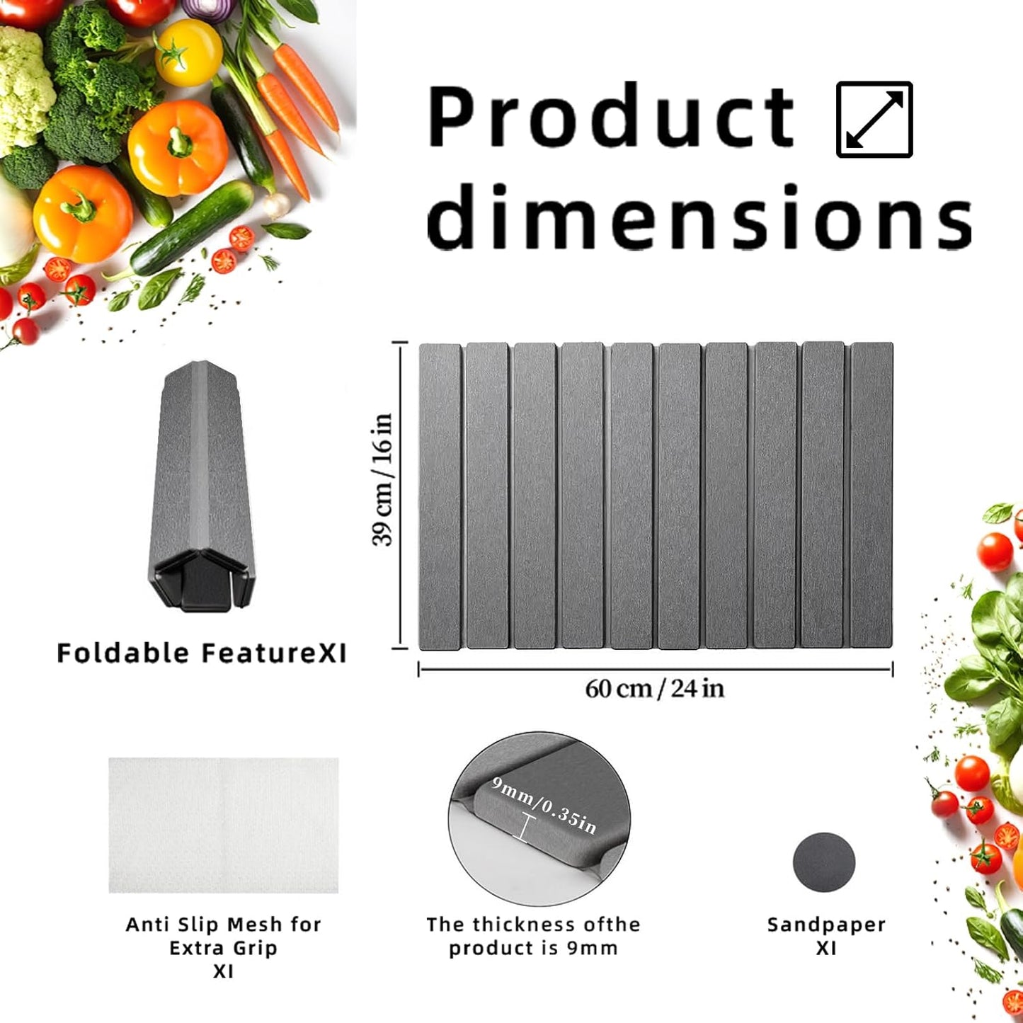 Stone Drying Mat for Kitchen Counter, Collapsible Dish Drying Mat, Fast Drying Diatomaceous Earth Dish Drying Mats, Water Absorbent Diatomite Kitchen Mat (dark grey, medium)