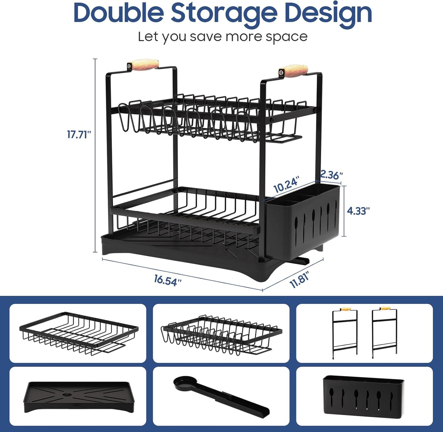 2-Tier Large Dish Drying Rack for Kitchen Counter with Drainboard and Cutlery Holder, 2 Tier Dish Drying Rack, Black,16.54" D x 11.81" W x 17.71" H