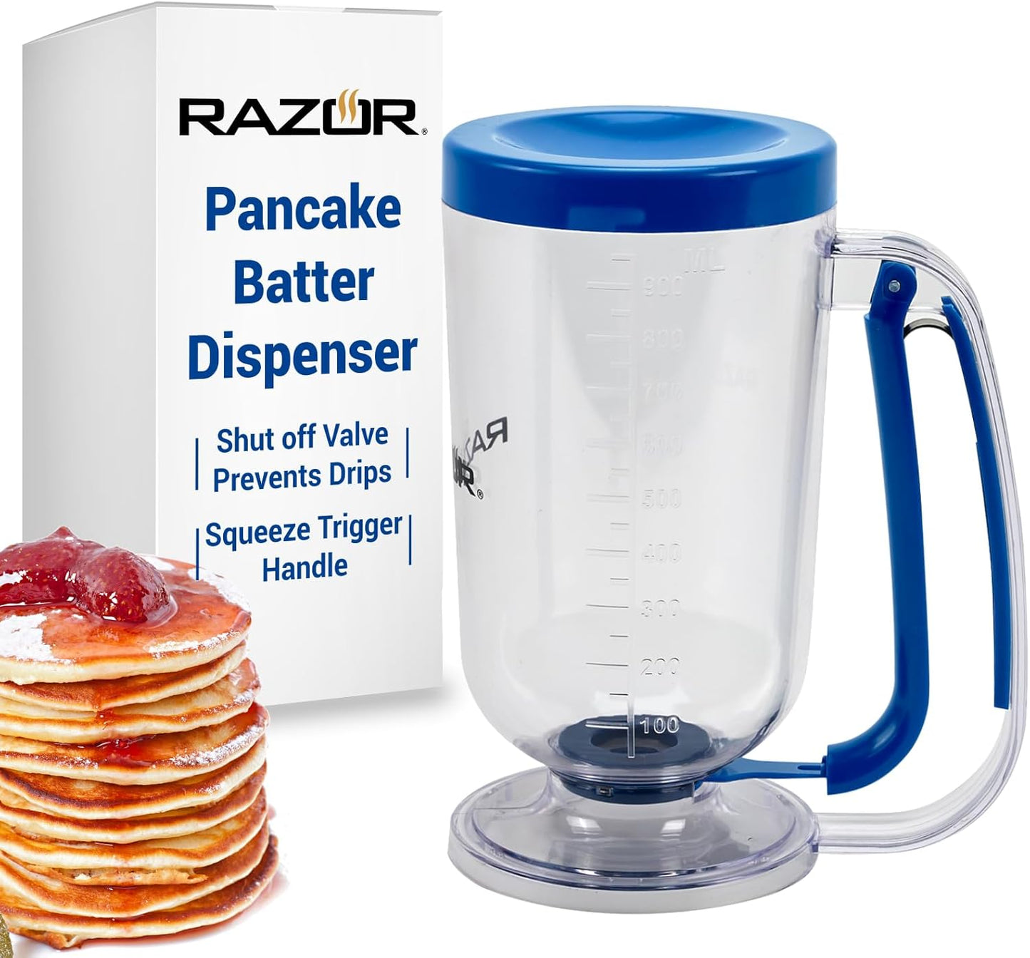 RAZOR Pancake Batter Dispenser, Pancakes & Waffles Batter Dispenser for Cakes, Muffins, Crepes, Cupcake for Baking, Cooking on Stovetop, Griddles, Prevents Drip, Easy Squeeze Trigger Handle Dispensers