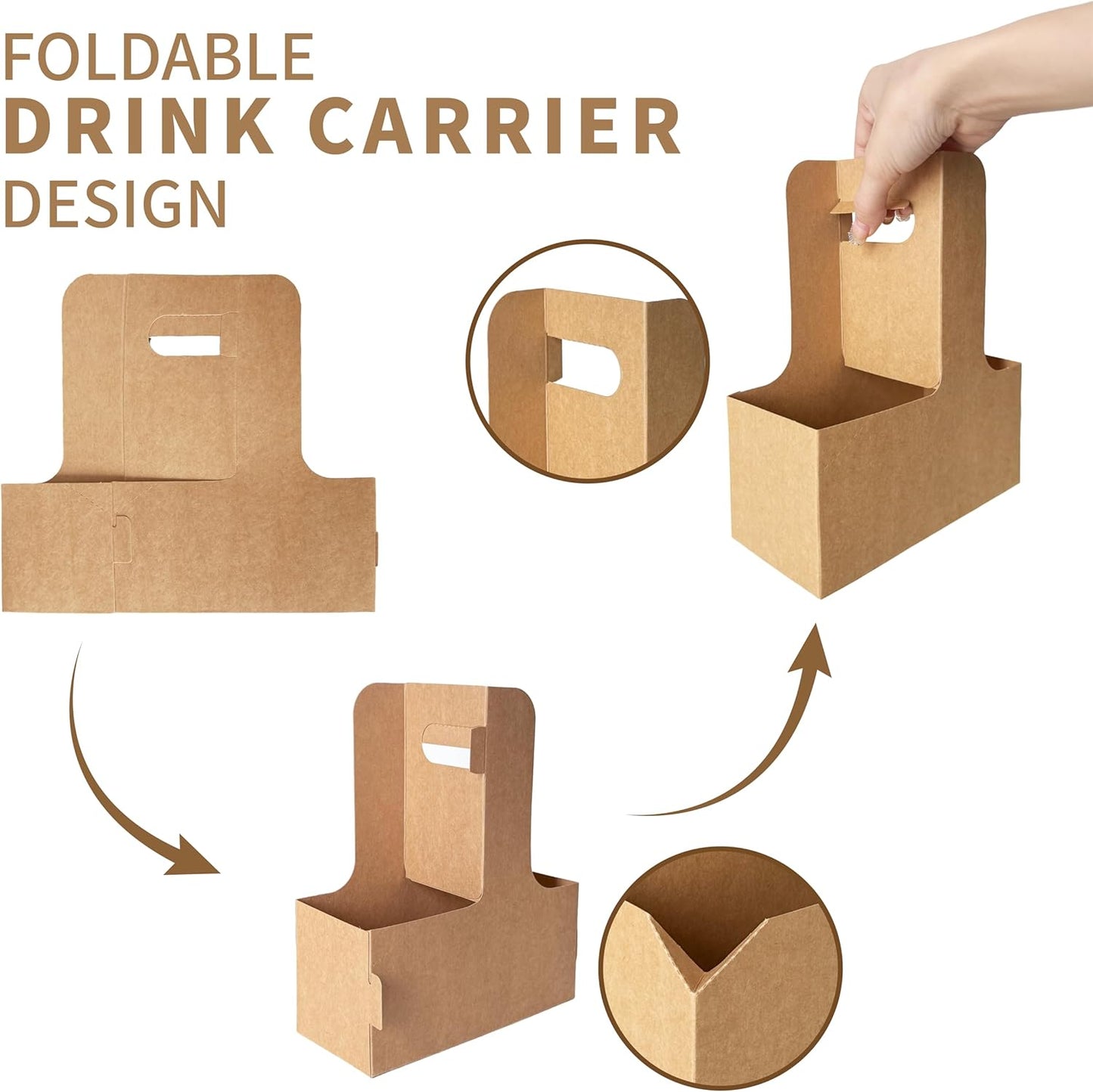 2 Cup Drink Carrier with Handle for Delivery, 50 Pack Kraft Paperboard Cup Holder, Disposable to Go Coffee Cup Carriers for Hot or Cold Drinks