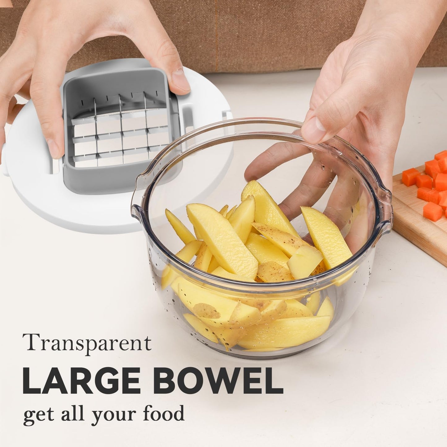 KEOUKE Multifunctional Vegetable Chopper Bowl White - 3 Interchangeable Blades Potato French Fry Cutter with Container & Storage Box Food Chopper Dicer for Cucumber, Tomato, Carrot, Onion