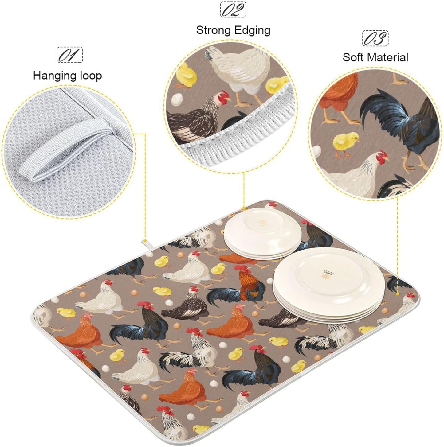 Hens Roosters Chicken Dish Drying Mat for Kitchen Counter Absorbent Microfiber Drying Pad, Large 18x24 in, Reversible Drainer Mats
