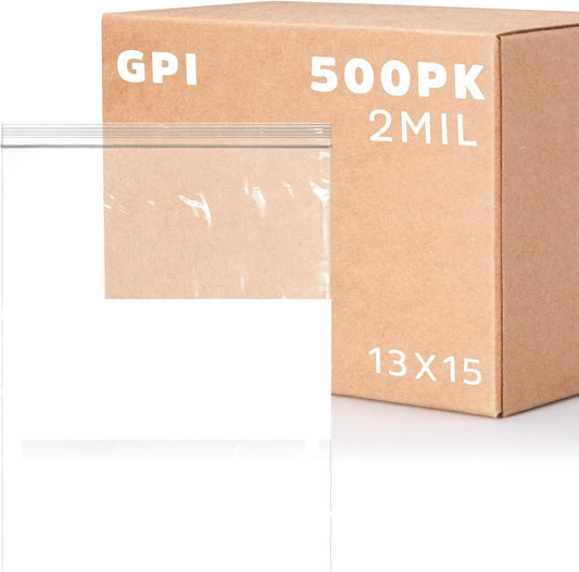 13" x 15" 2 Gallon Large Zip Bags, 2 Mil Thick Clear Plastic Reclosable Zipper Lock Bags with Write-on White Block, with Resealable Zip Top Lock for Food Storage & Office Supplies, 500 Count