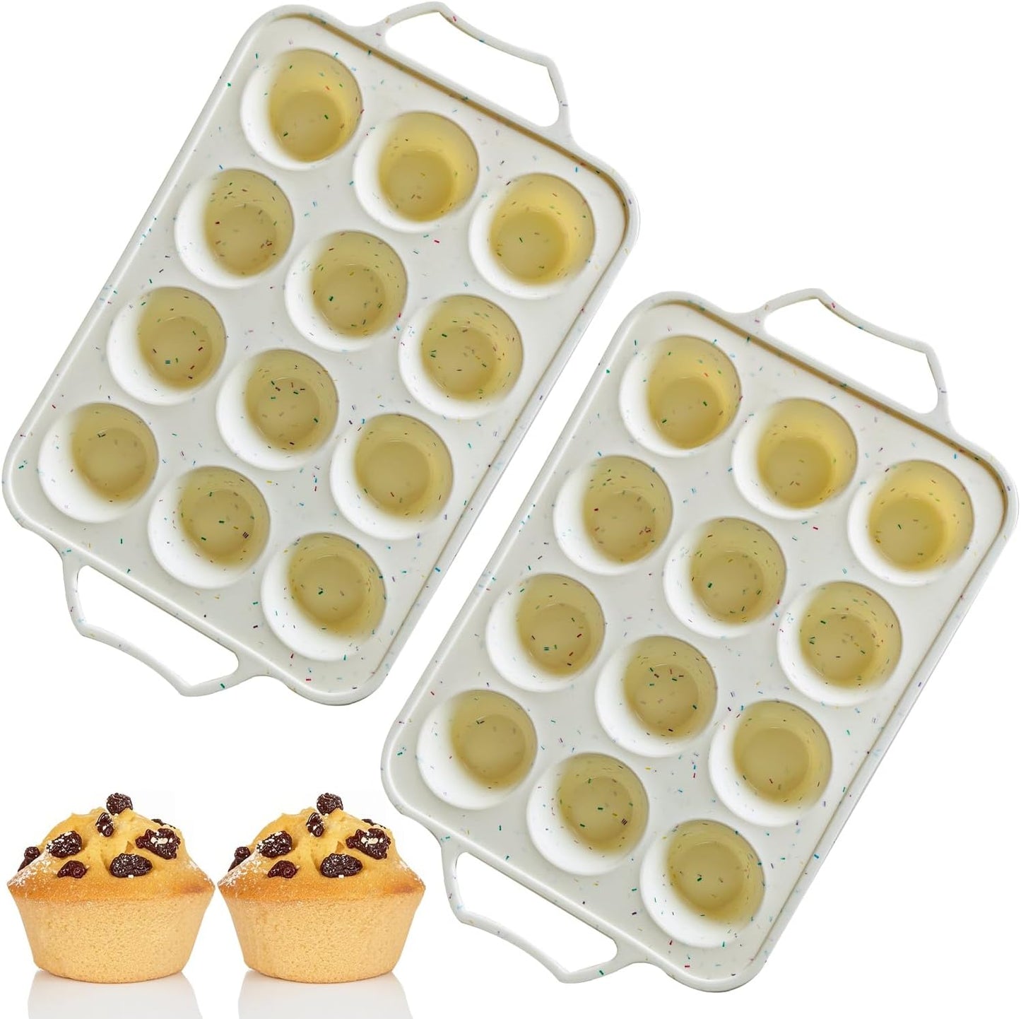 SOV Silicone Muffin Pan for Baking with Metal Reinforced Frame, Non-Stick 12 Cups Muffin Pan for Muffin Cakes, Tart, Bread,Cupcake Baking Pan Molds, Oven & Dishwasher Safe, 2 packs (white-D)