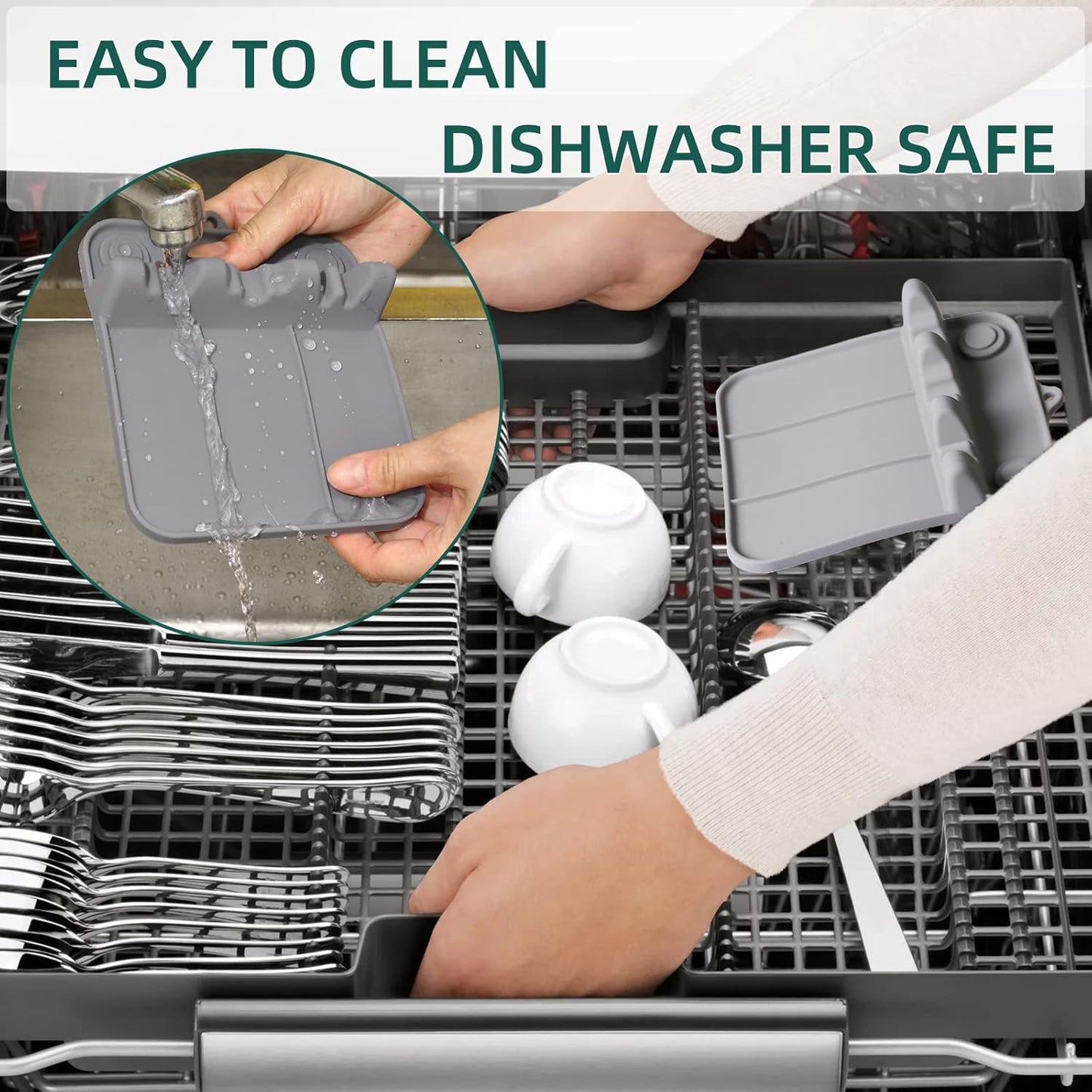 Spoon Rest, Silicone Spoon Holder for Stove Top with Drip Pad Suitable for Multiple Kitchen Gadgets, 3 Grooves Upgraded Utensil Rest for Kitchen Counter, Heat Resistant Dishwasher Safe Gray