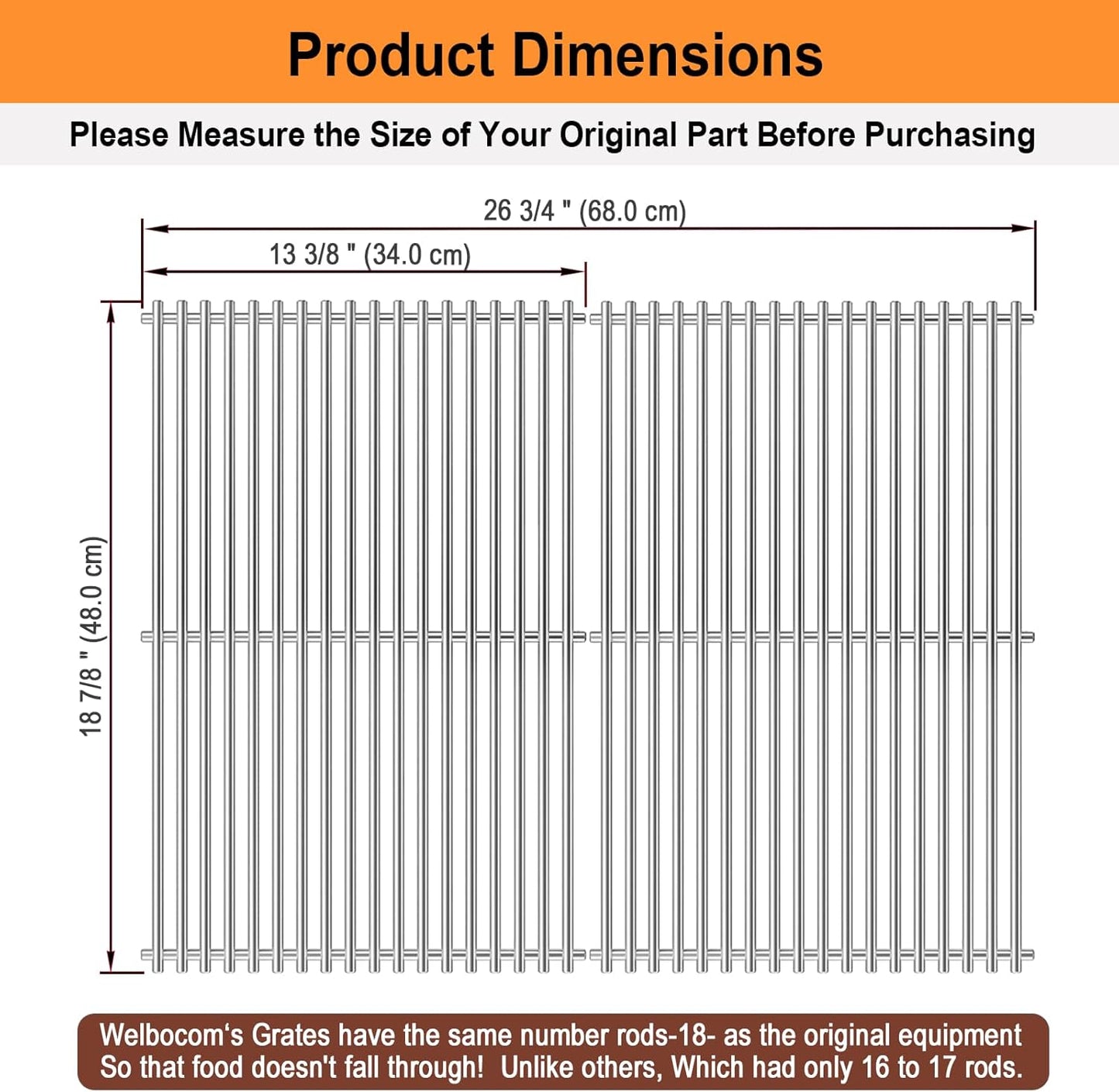 18.85" Grill Grates for Weber Genesis II 300 & GS4 Genesis II LX 300 Series Grills;Genesis II E & S 310 315 320 325 335 Grills;Weber Genesis II Grates 66095;304 Stainless Steel Grates
