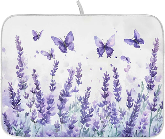 Purple Lavender Spring Summer Flower Floral Dish Drying Mat for Kitchen Counter Absorbent Microfiber Small Drying Pad Dish mats for Kitchen Countertops 16 x 18 Inch