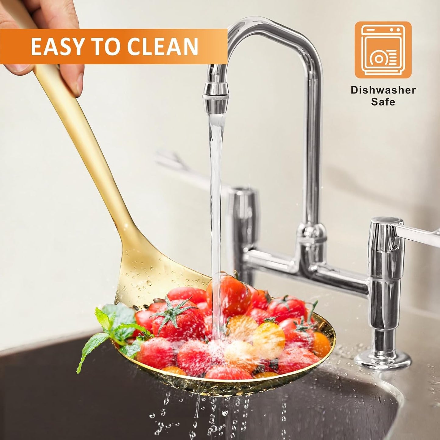 Large Gold Serving Slotted Spoon, 304 Stainless Steel Set, Stainless Steel Soup Ladle Spoon, Metal Gravy Ladle, Solid Slotted Spoon for Mixing, Serving, Stirring, Salad, Soup, 14 Inch