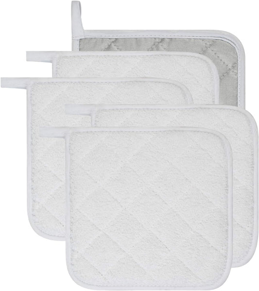 100% Cotton Kitchen Everyday Basic Terry Pot Holder Heat Resistant Coaster Potholder for Cooking and Baking Set of 5 White