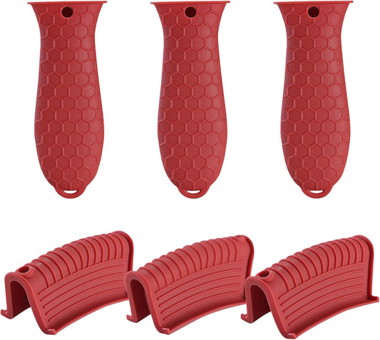 6 Pieces Silicone Hot Tool Holder Heat Resistant Potholder Cookware Handle Non Slip Rubber Pot Holders Handles Grip Covers for Cast Iron Skillet Silicone Cooking Kitchen Suits (Red)