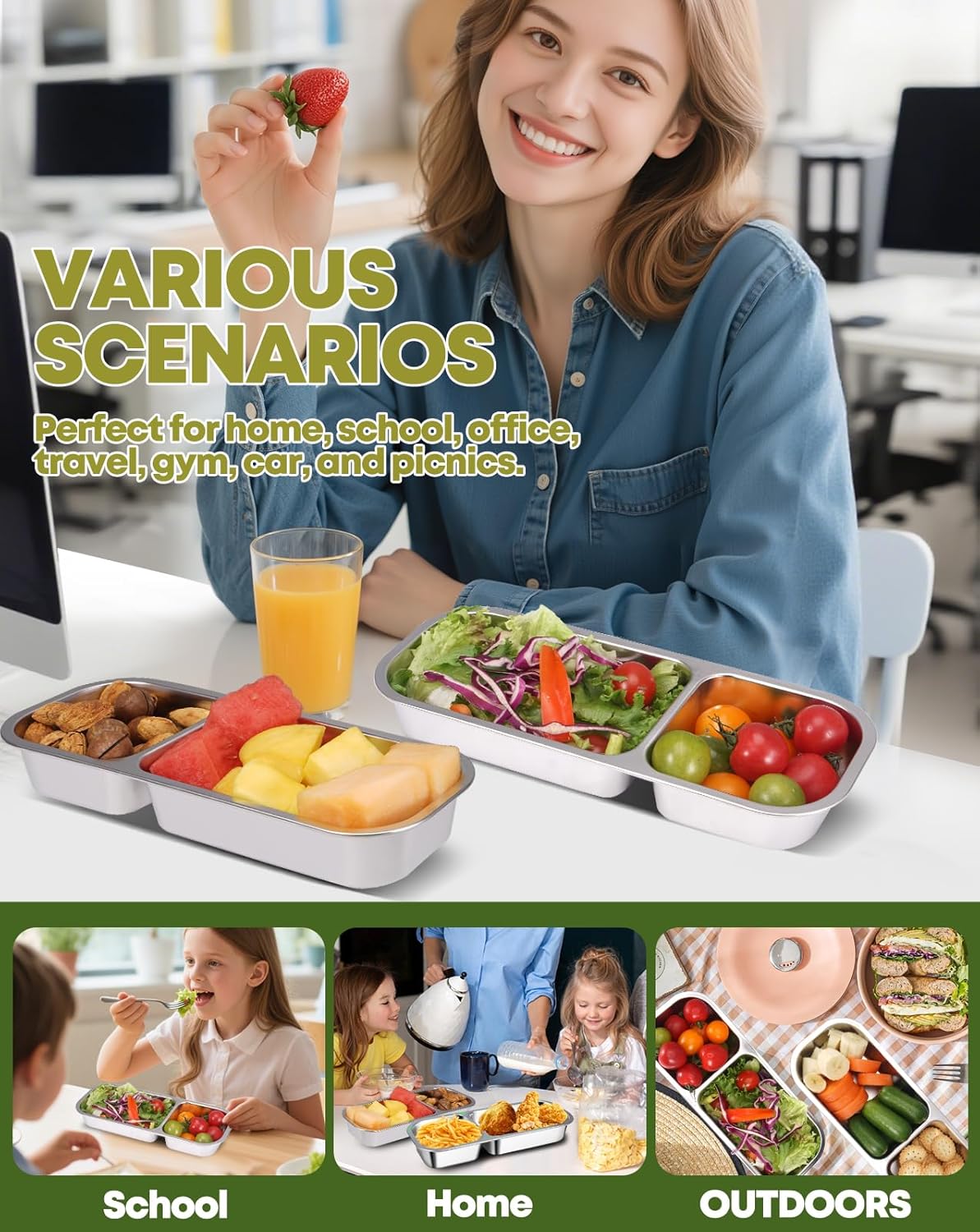 2Pack Stainless Steel Snack Containers for Kids Adults, Reusable 2 Compartment Snackle Box Container with Leakproof Lids Metal Bento Lunch Boxs Food Storage Containers for Travel Picnics Office School