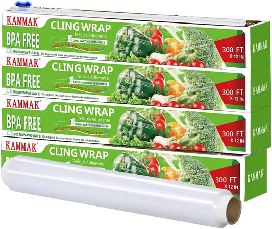 KAMMAK Plastic Wrap with Slide Cutter - 4 Pack 12 inch Clear Cling Film, 300 Square FT Roll - BPA Free, Microwave Safe, Quick Cut Kitchen Wrap