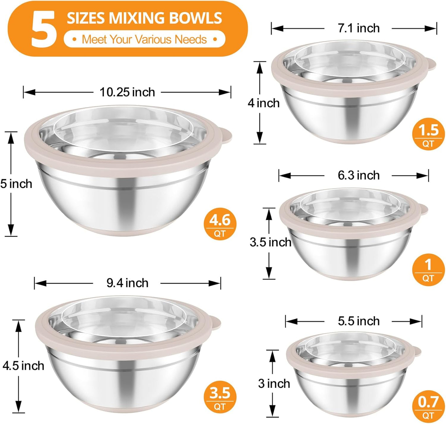 TeamFar Mixing Bowls, 5PCS Stainless Steel Serving Salad Bowls with Lids, For Kitchen Mixing/Baking/Storing/Prepping, Visible & Airtight, Non-Slip Bottom - 4.6/3.5/1.5/1 / 0.7 QT, Khaki