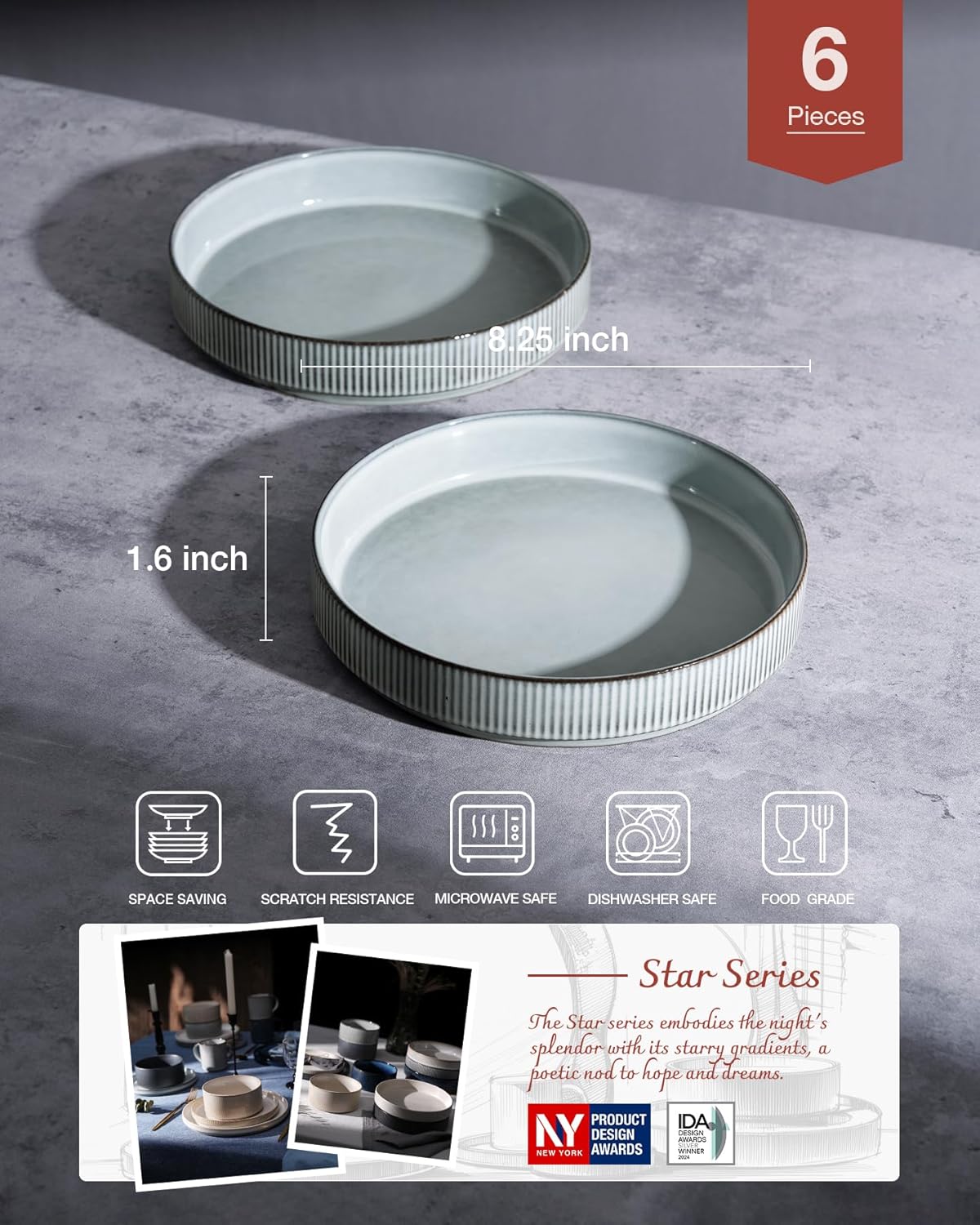 famiware Star 8.25" Pasta Bowls, Large Dinner Bowls Set of 6, Salad Bowl Plates, Shallow Bowls for Eating, Smoky Blue