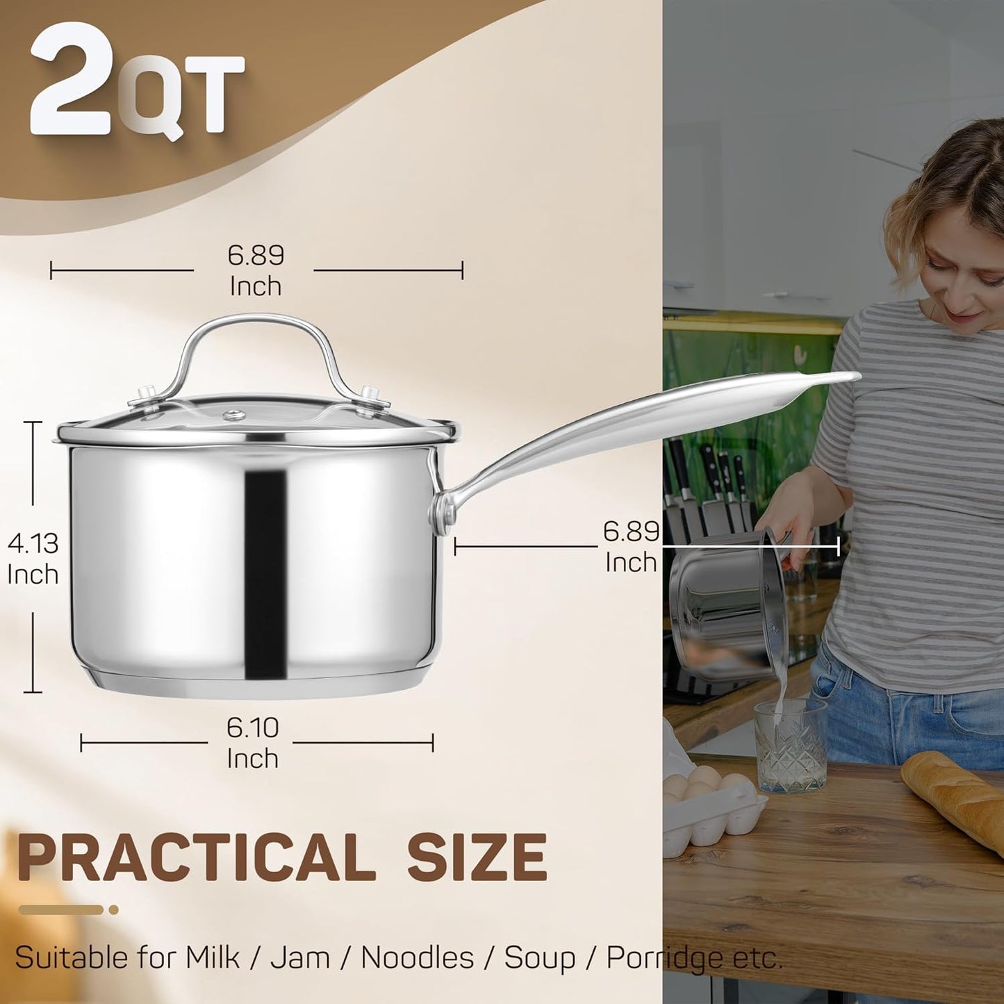 2 Qt Stainless Steel Saucepan with Glass Strainer Lid, 2 Quart Pot Stainless Steel Sauce Pan with Pour Spout, Mirror Polishing, Compatible with All Cooktops Dishwasher Safe Oven Safe